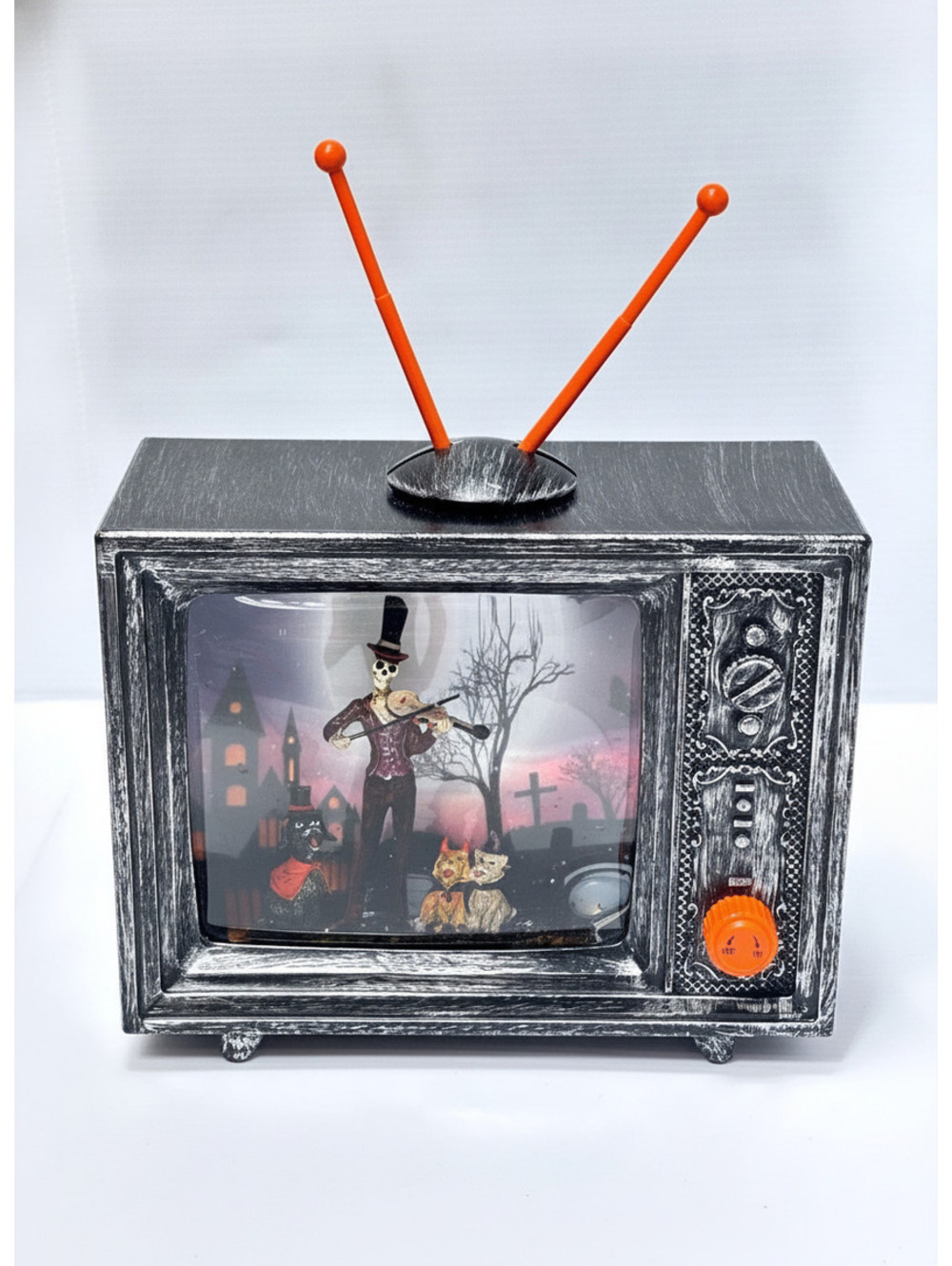 Halloween Skeleton Violinist Decorative TV Snow Globe with Orange Antennas NEW